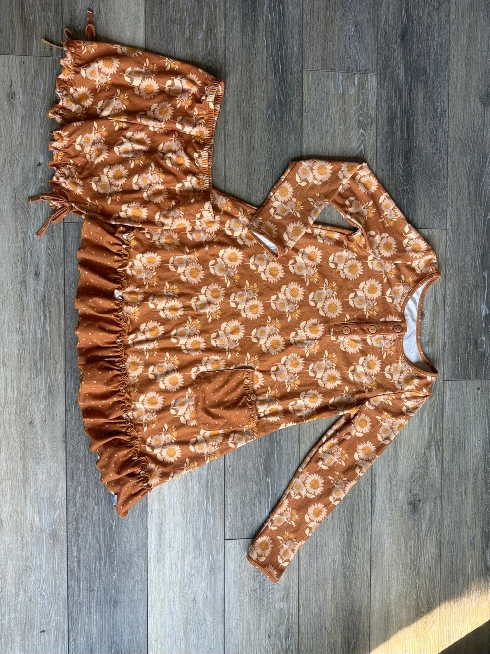 SweetHoney Rust Floral Long Sleeve Ruffle Hem Dress